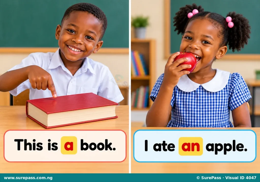 Two children. One points to a book, with the sentence "This is a book." The other points to an apple, with the sentence "I ate an apple."