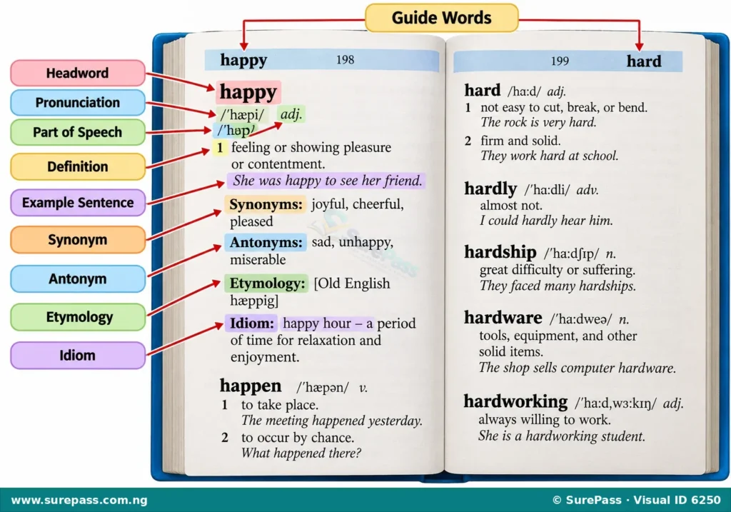 A labelled diagram showing the layout of a dictionary page with features like guide words, headword, pronunciation, part of speech, definition, example sentence, synonym, antonym, etymology, and idiom.