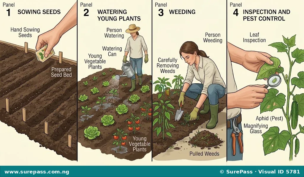 Sequence of vegetable production activities showing sowing, watering, weeding, and pest control.