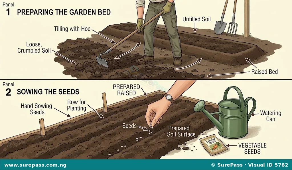 Illustration showing the steps of preparing a garden bed and sowing vegetable seeds.