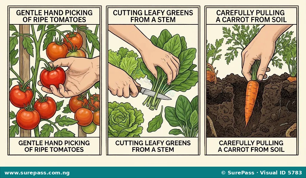 Illustration demonstrating how to harvest tomatoes, leafy greens, and carrots.