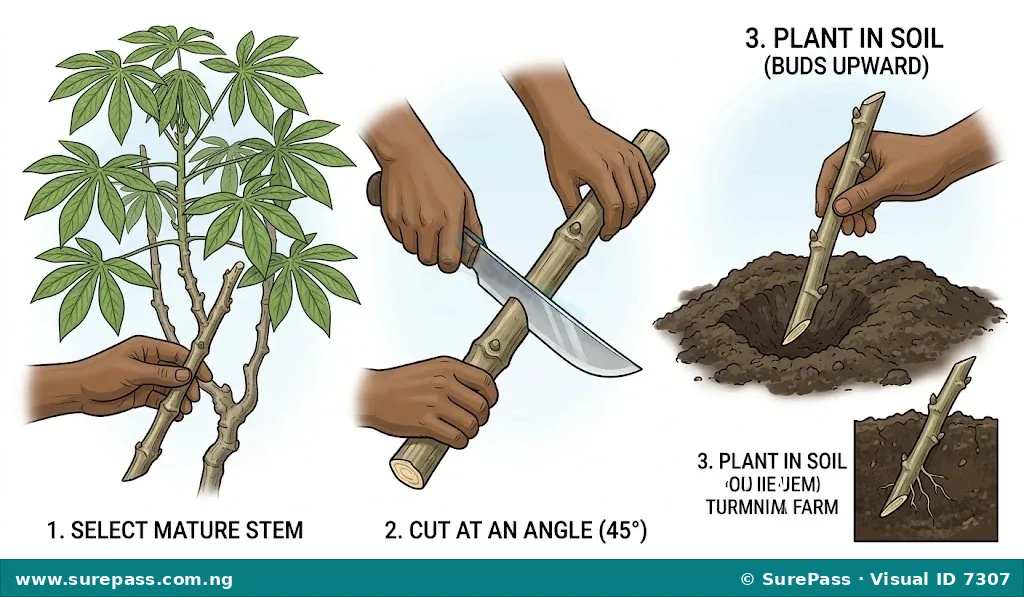Step-by-step process of preparing and planting a cassava stem cutting.