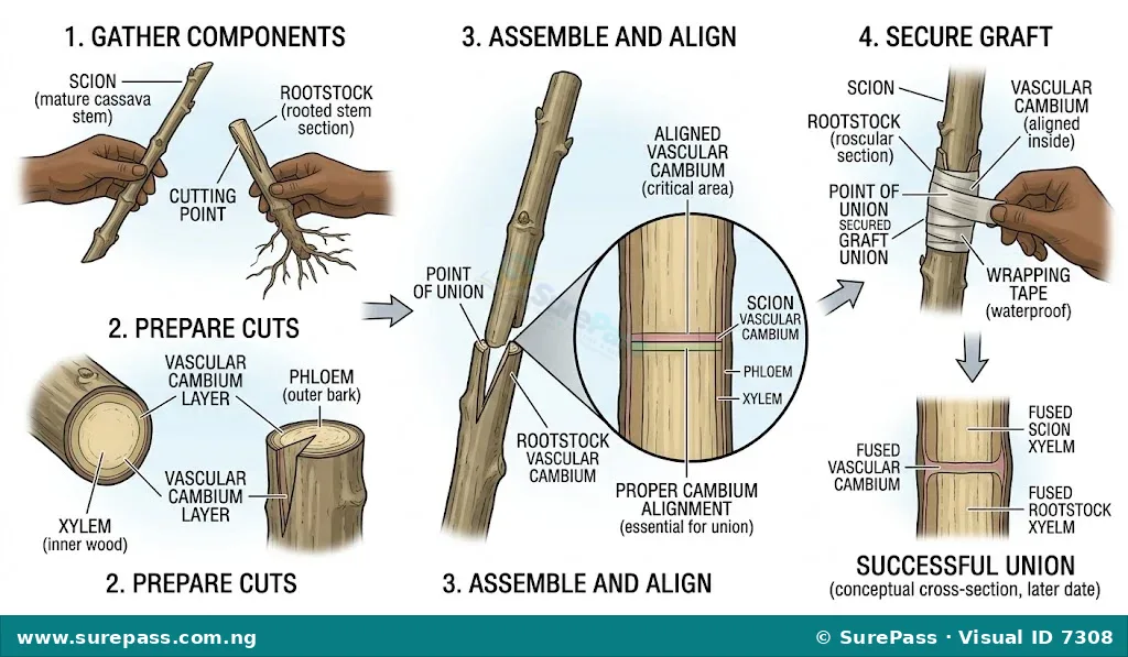 Labelled diagram of the grafting process showing scion, rootstock, cambium alignment, and wrapping.