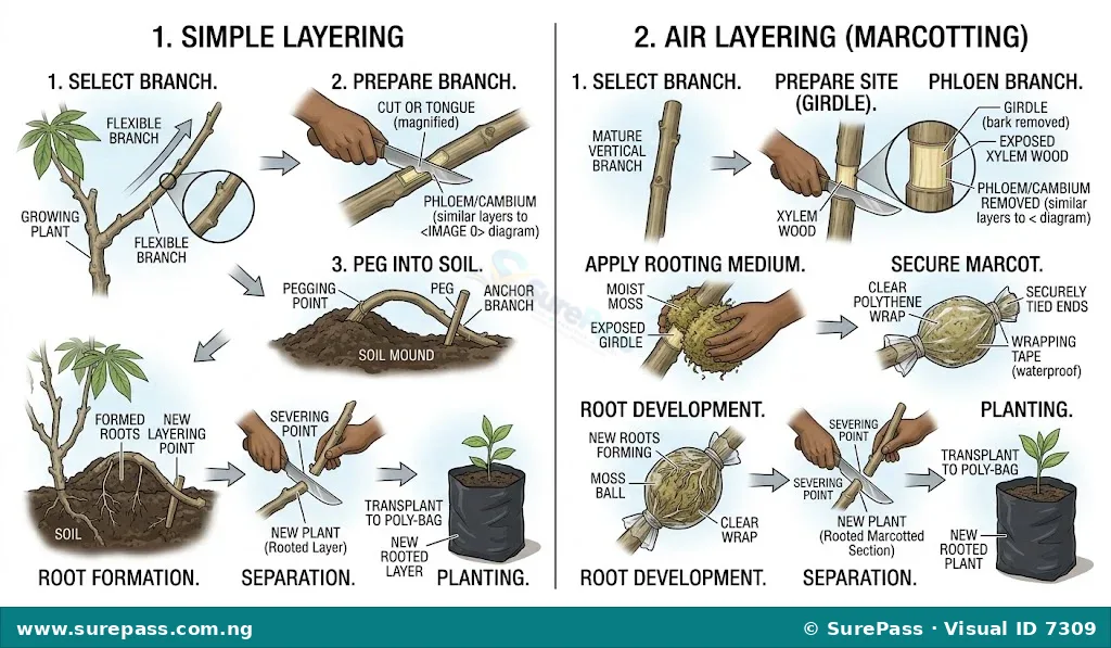 Diagram showing the techniques of simple layering and air layering.