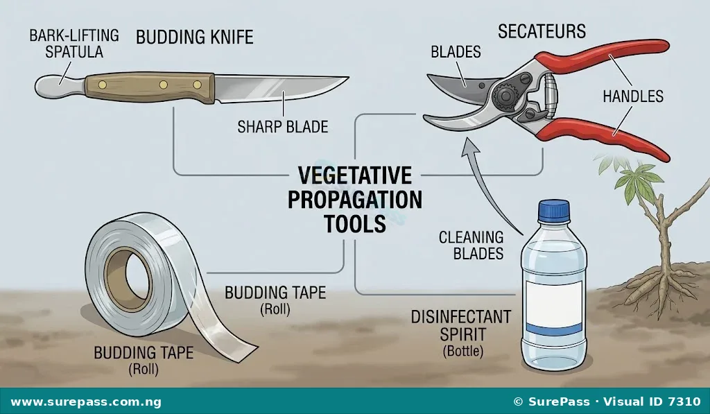 Illustration of essential vegetative propagation tools including a budding knife, secateurs, and budding tape.