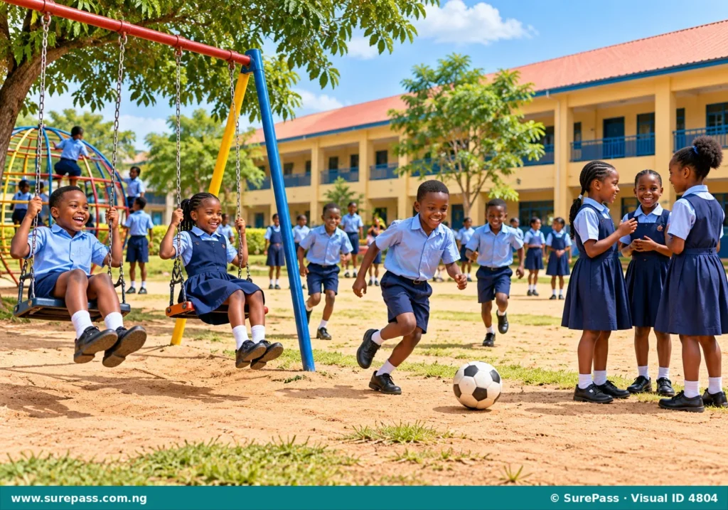 Children in school uniforms playing happily in a Nigerian school playground during break time.