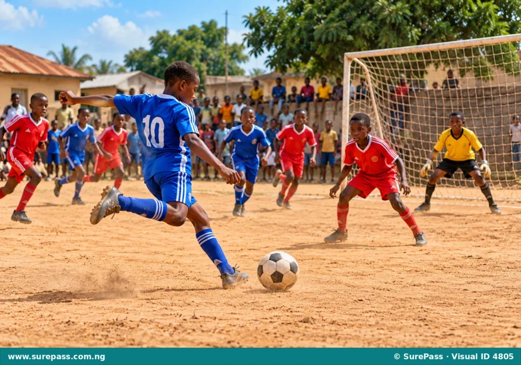 Young boys playing a football match on a dusty field, with one boy about to kick the ball.