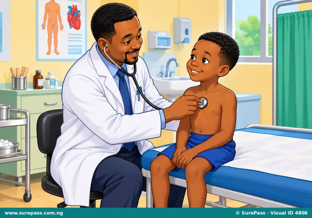 A doctor examining a young boy with a stethoscope in a clean clinic.