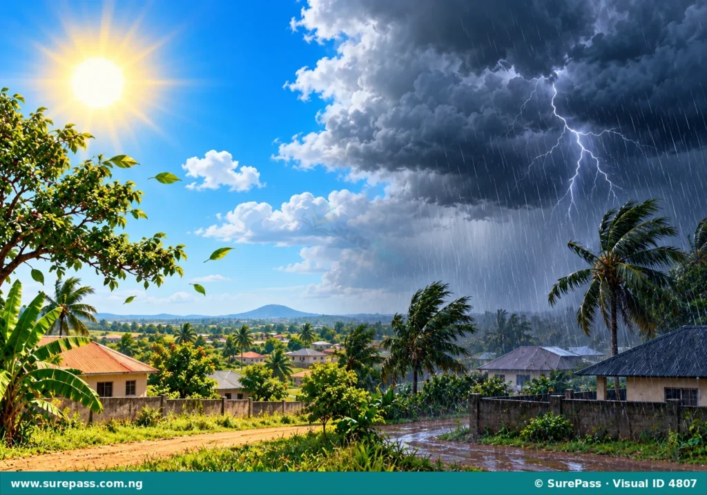 A split scene showing sunny weather on one side and a gathering storm with lightning and rain on the other.