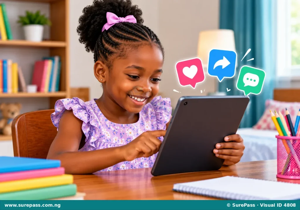 A young girl looking at a tablet screen displaying social media icons.