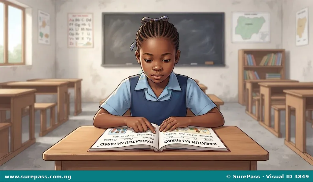 A Nigerian primary school girl reading a book in a classroom.