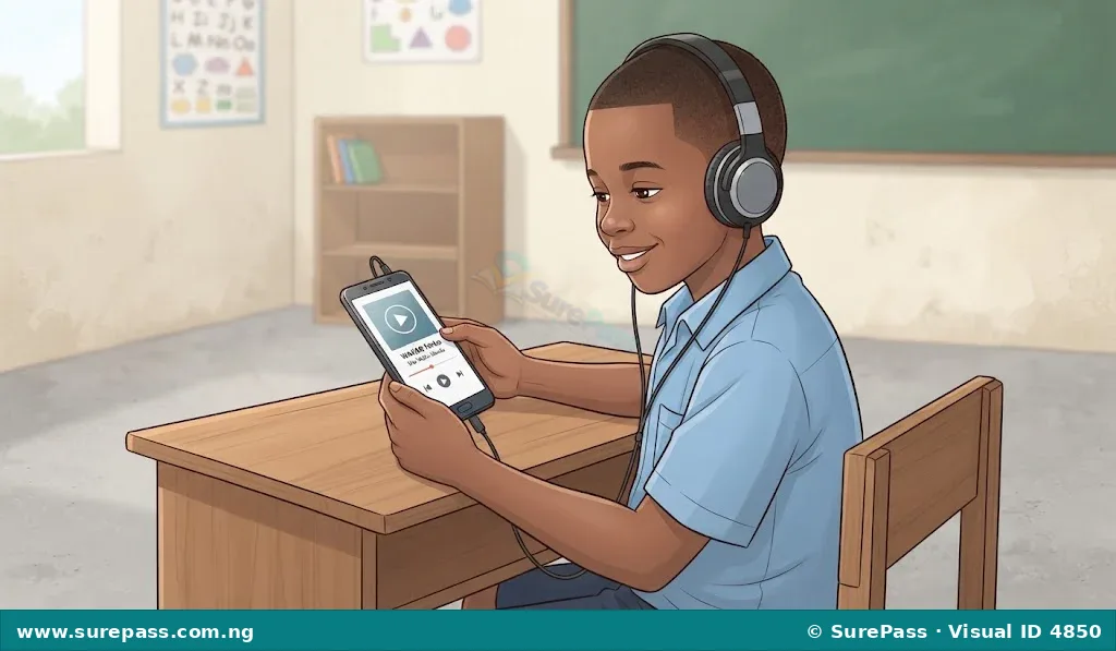 A Nigerian primary school boy listening to music on a mobile phone with headphones.