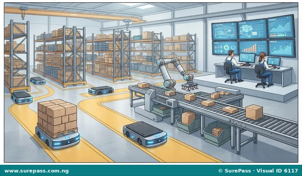 Interior of a smart warehouse with automated guided vehicles, robotic arms, and a central computer system managing operations.