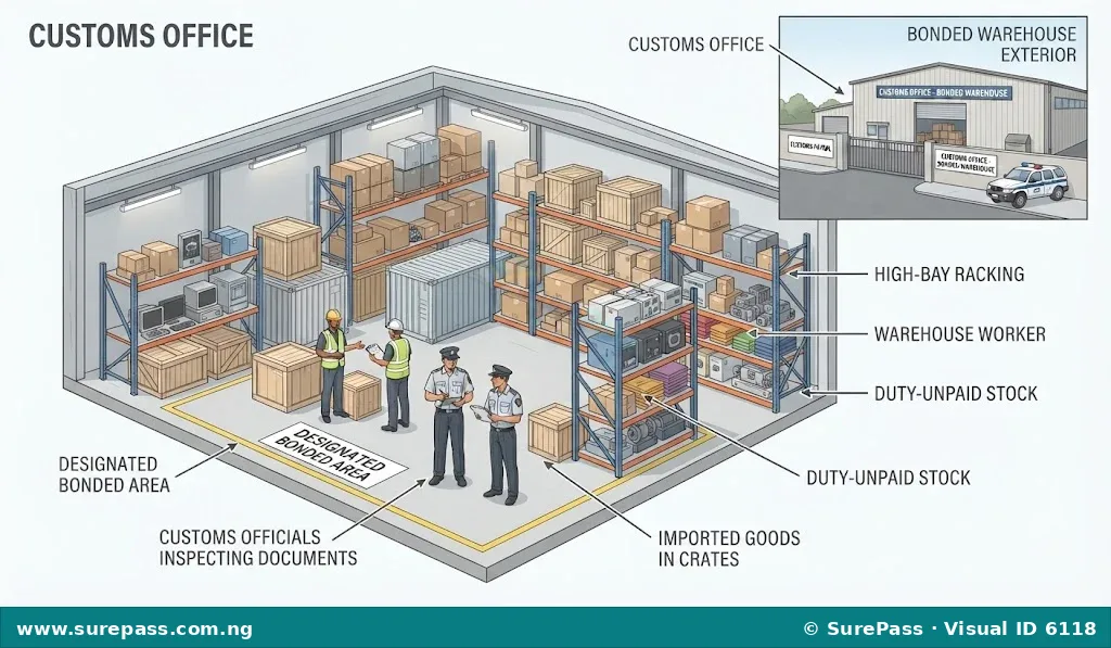 A bonded warehouse with a customs office, showing imported goods and customs officials.