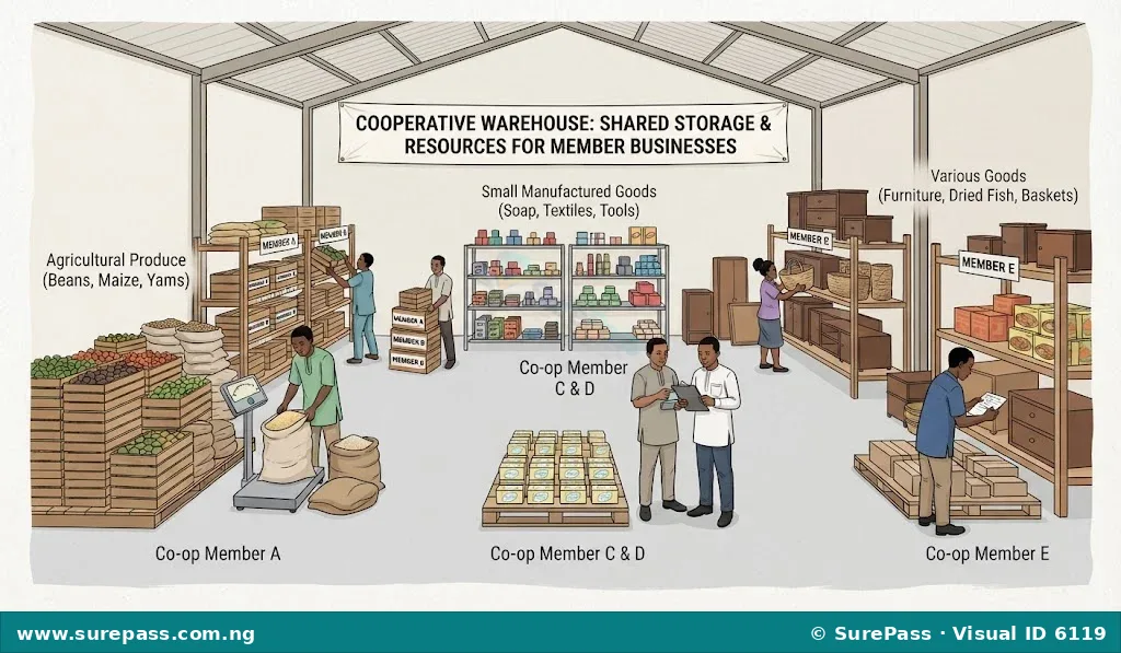 A cooperative warehouse storing goods from multiple small businesses, with members collaborating.