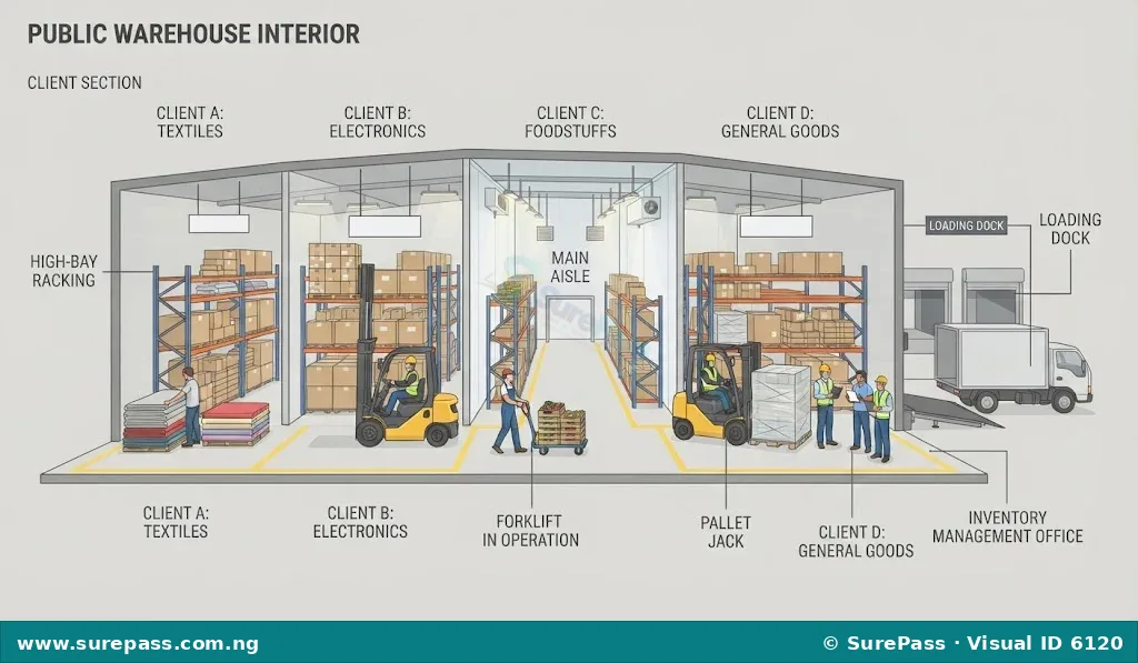 Interior of a large public warehouse with sections for different clients, showing forklifts and staff.