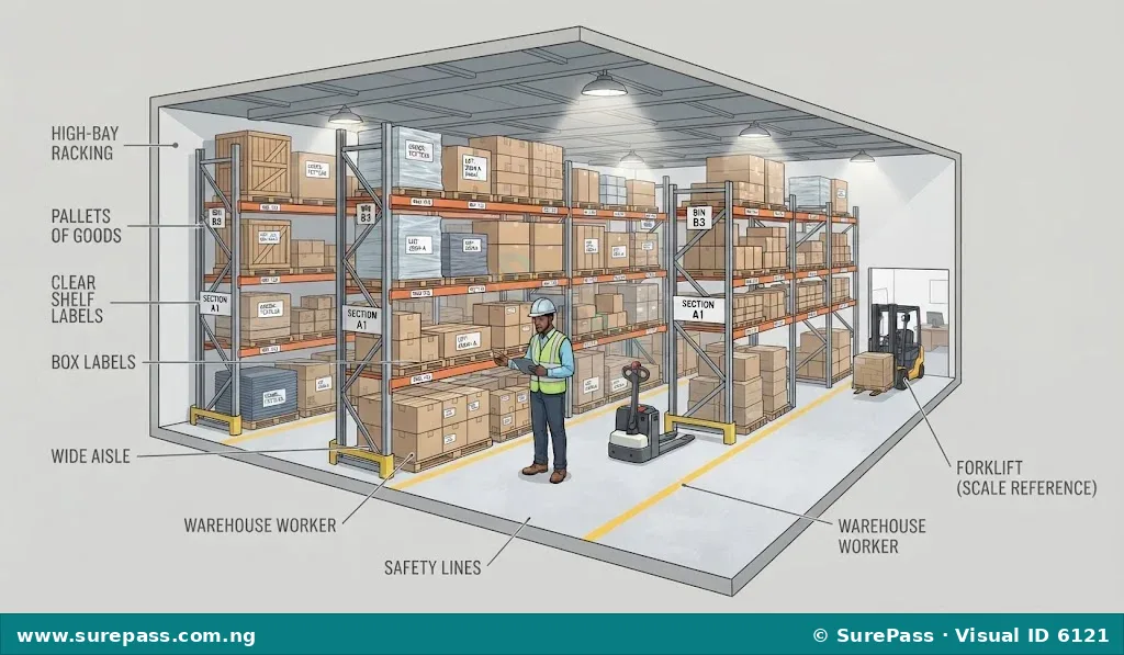 Interior of a well-organised warehouse with goods on shelves, clear labels, and wide aisles.