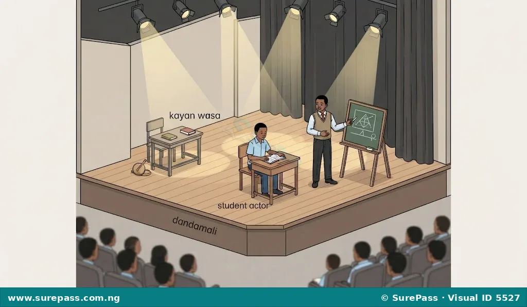 Student actors performing a play on a school stage.