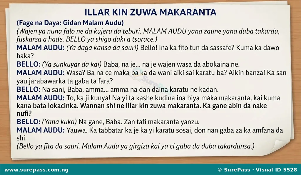 A sample page of a Hausa drama script showing characters and dialogue.