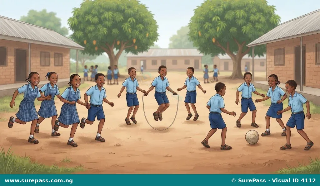 Happy Nigerian children playing games like running and jumping outdoors.