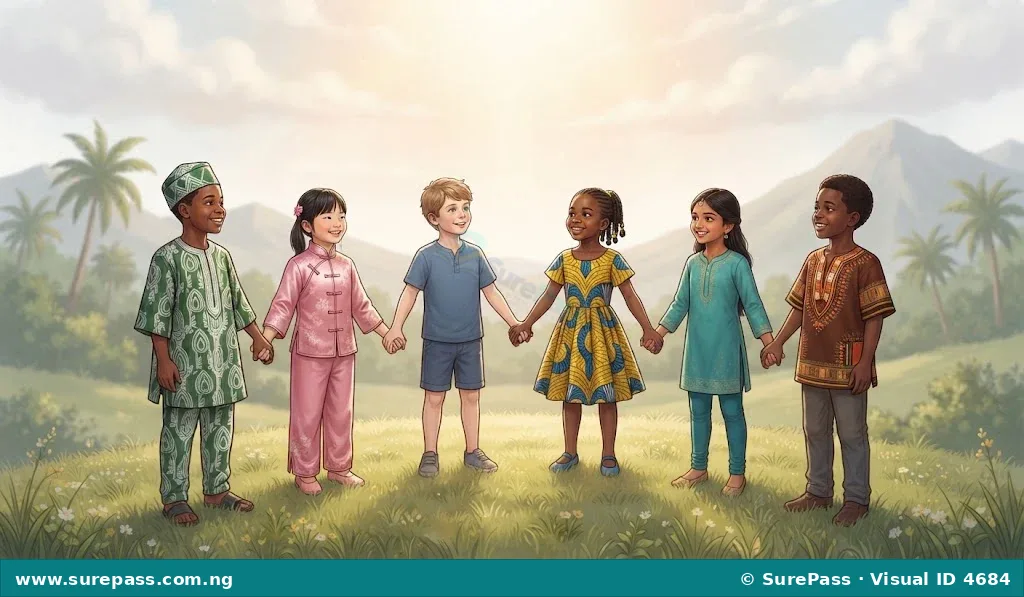 Diverse children holding hands, smiling, with a light shining from above.