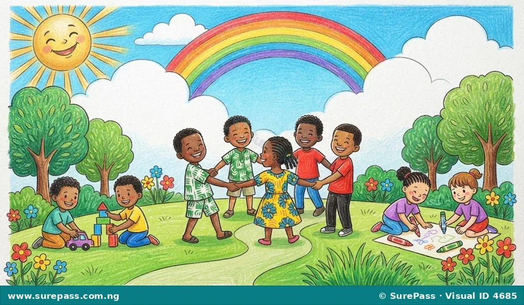 A child's drawing of a peaceful world with diverse children playing happily.