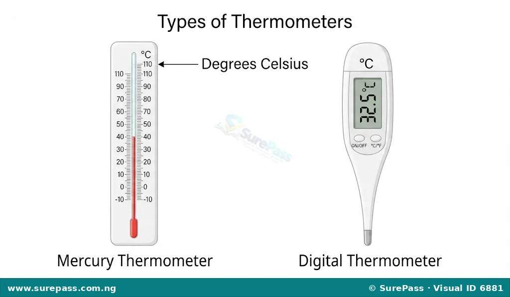 A mercury thermometer and a digital thermometer showing temperature readings.