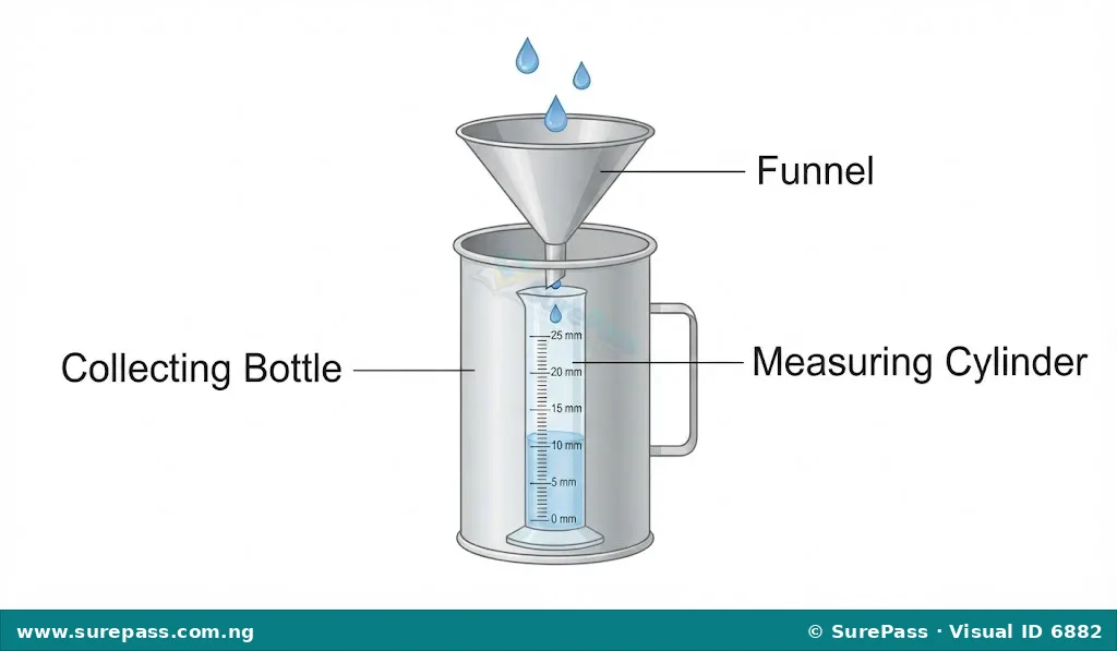 A rain gauge with a funnel and a measuring cylinder to collect and measure rainwater.