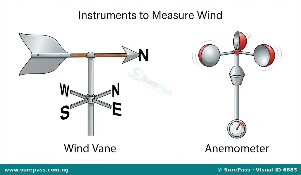 A wind vane showing wind direction and an anemometer measuring wind speed.