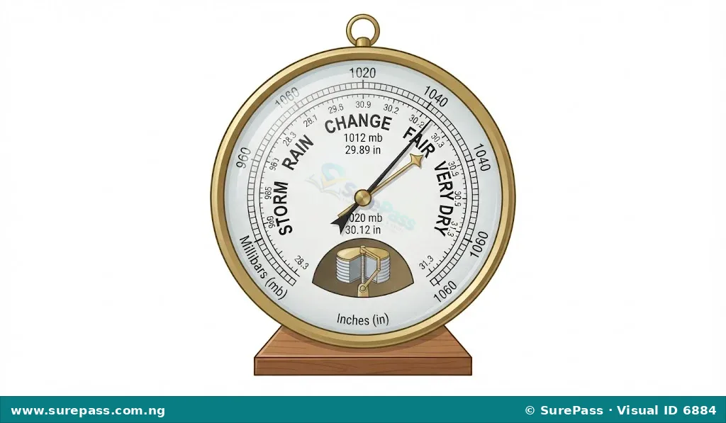 An aneroid barometer showing a dial with a needle indicating atmospheric pressure.