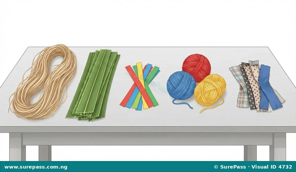 A collection of weaving materials including raffia, palm fronds, paper strips, yarn, and fabric strips.