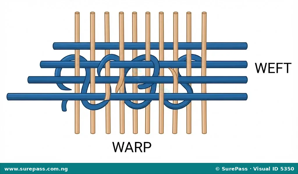 Diagram showing horizontal threads interlacing over and under vertical threads to form a woven fabric.