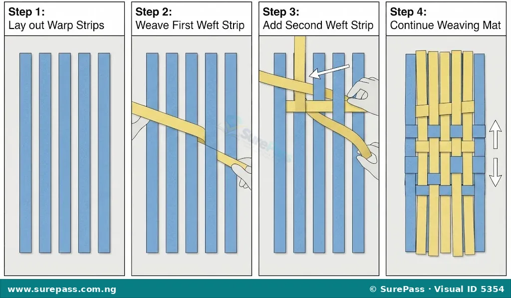 Step-by-step visual guide for plain weaving a mat with paper strips.