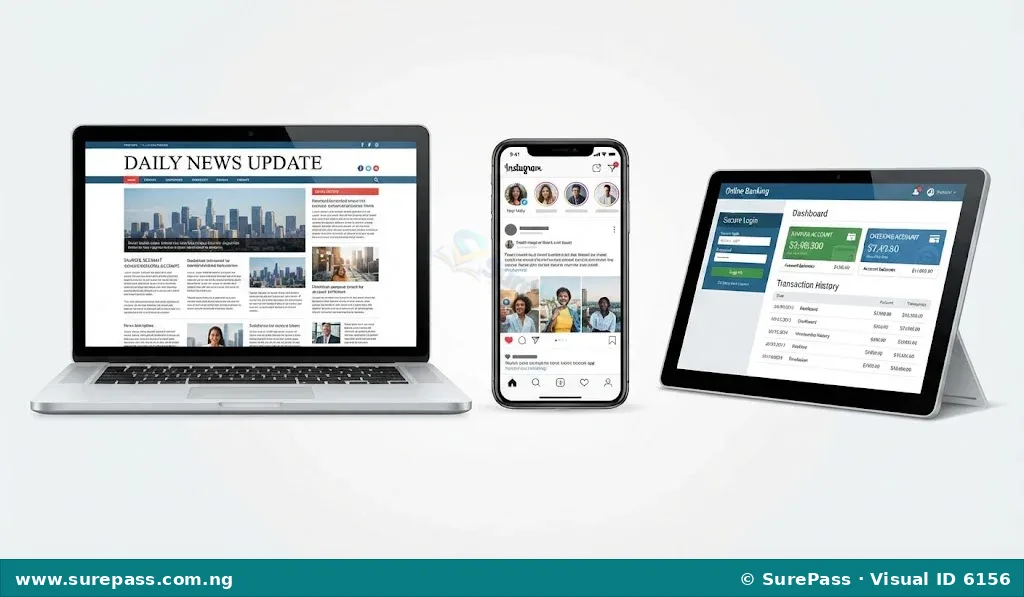 A laptop showing a news website, a smartphone showing a social media app, and a tablet showing an online banking portal, illustrating web development products.