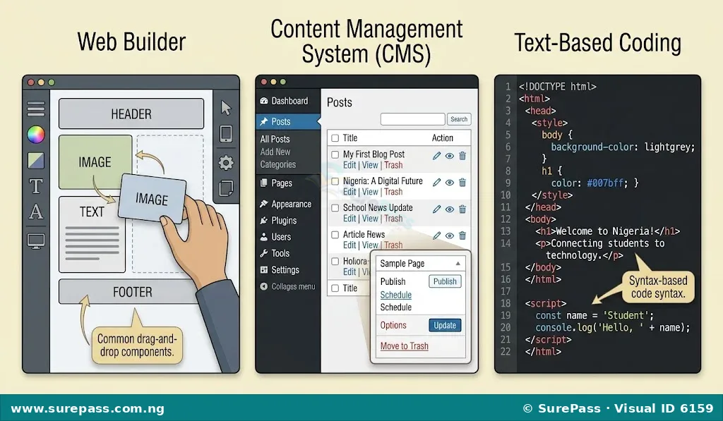 Illustration of web development tools: a web builder's drag-and-drop interface, a CMS dashboard, and a text-based code editor.