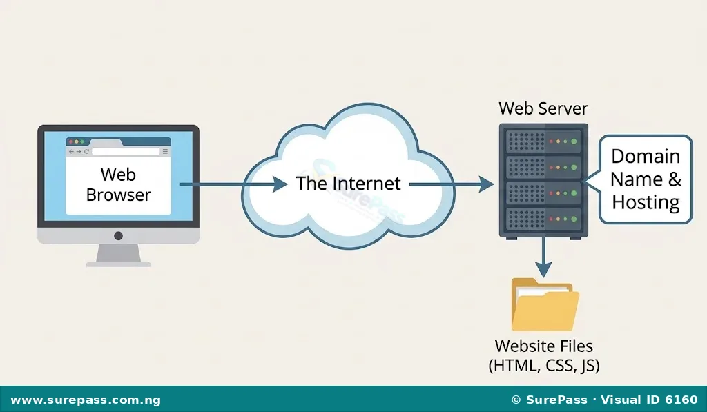 Diagram showing how a web browser connects through the internet to a web server, which stores website files and is linked to a domain name and hosting.