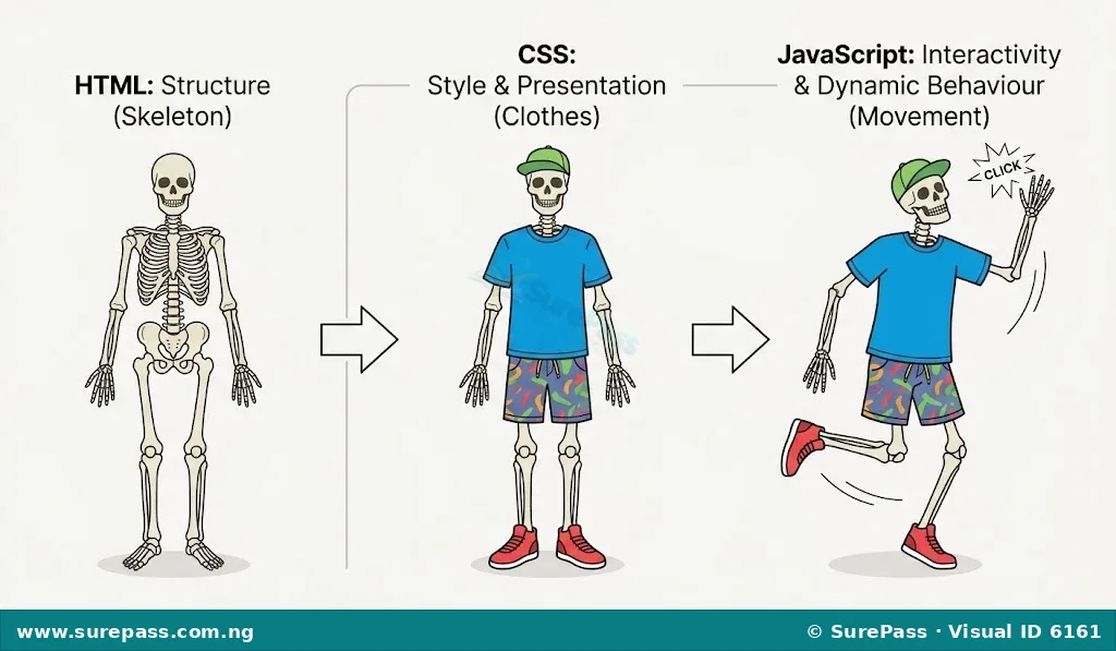 Diagram showing HTML as the structure (skeleton), CSS as the style (clothes), and JavaScript as the interactivity (movement) of a webpage.