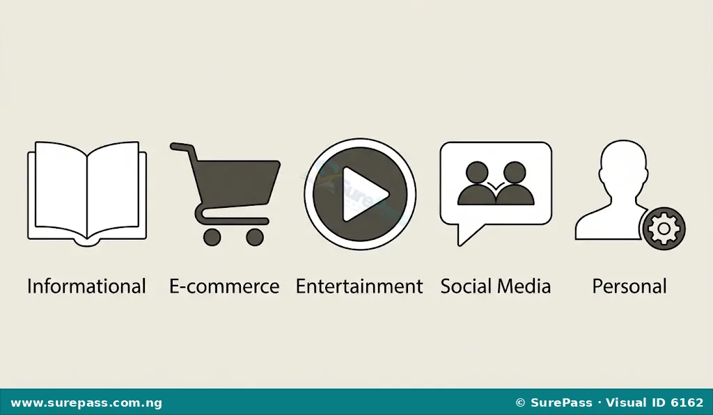 Icons representing different website types: Informational (book), E-commerce (shopping cart), Entertainment (play button), Social Media (connecting people), Personal (person's profile).