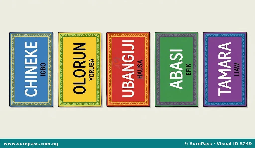 Word cards showing the names of God in different Nigerian languages.
