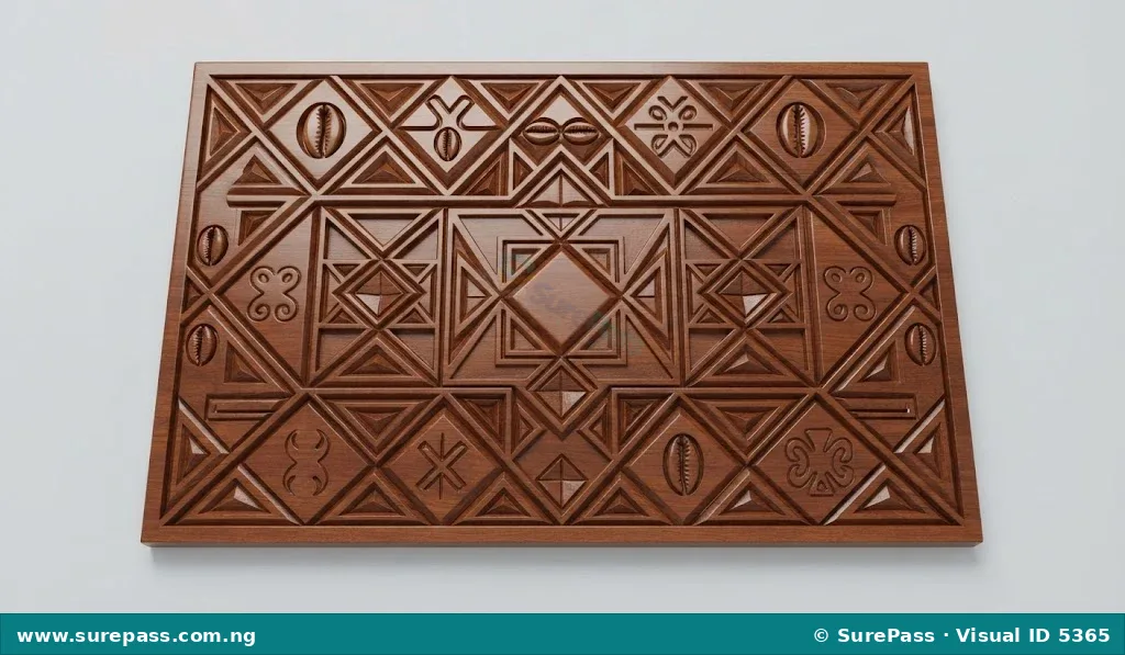 A carved wooden relief panel with geometric patterns.
