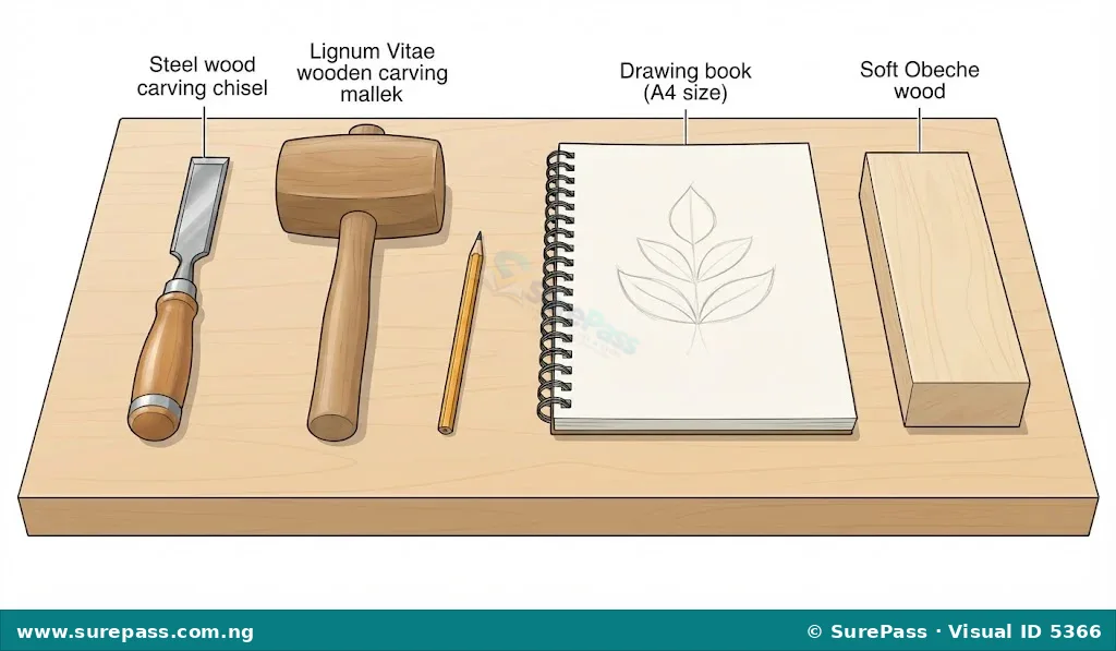 Wood carving tools including a chisel, mallet, pencil, drawing book, and wood block.
