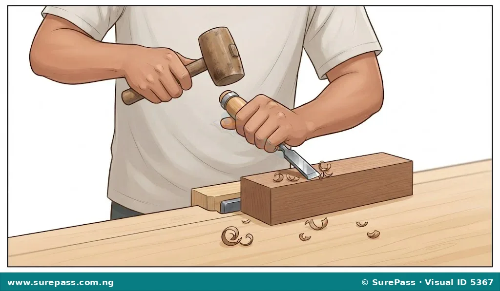 Hands using a chisel and mallet to carve a block of wood.