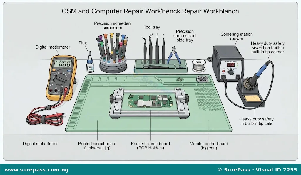 A neatly organized GSM repair workbench with designated areas for diagnostic and hand tools.