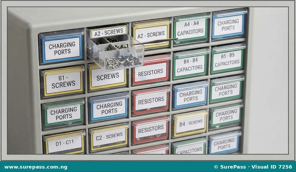 A component storage cabinet with clearly labeled and color-coded drawers for small electronic parts.