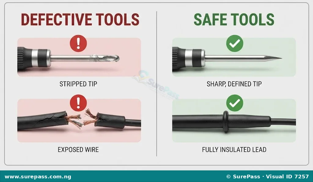 A side-by-side comparison showing defective tools with stripped tips and exposed wires versus good-condition tools.