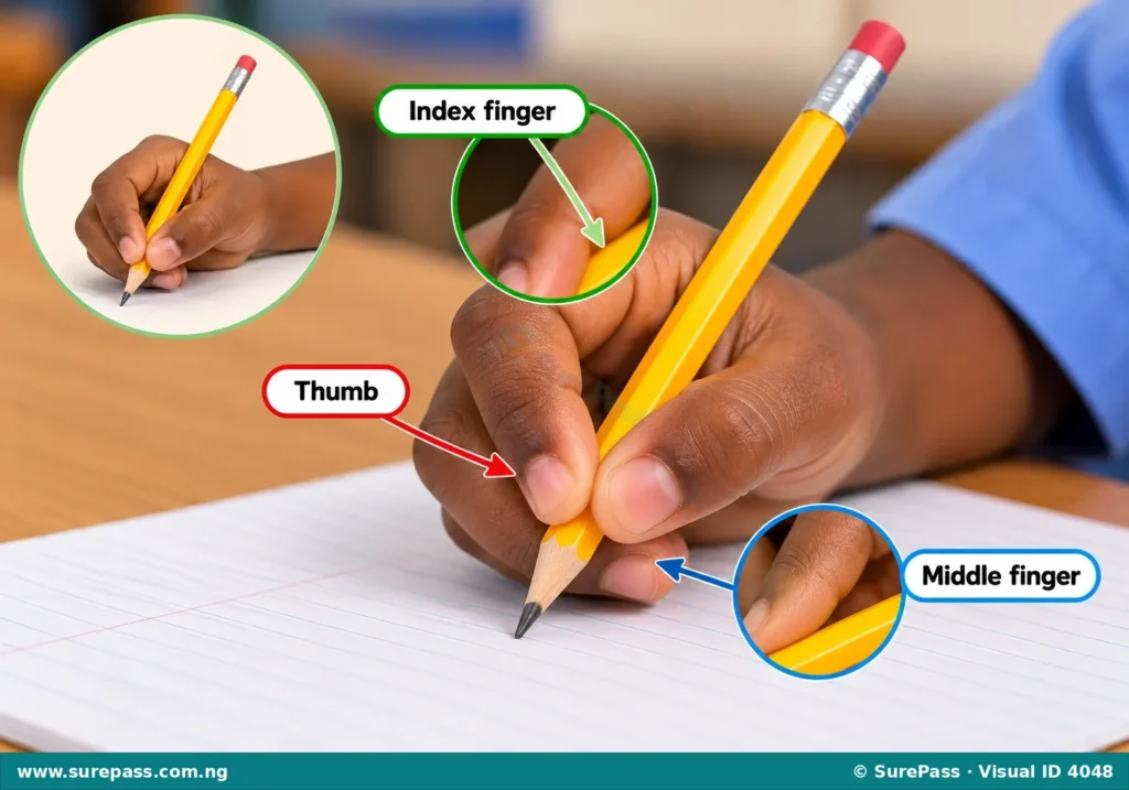 A child's hand holding a pencil with a correct tripod grasp, using the thumb, index and middle fingers.