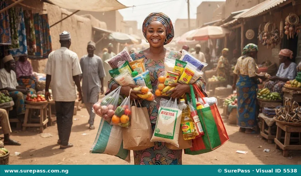 A woman holding multiple shopping bags in a busy Nigerian market, illustrating the Hausa concept of saye-saye.